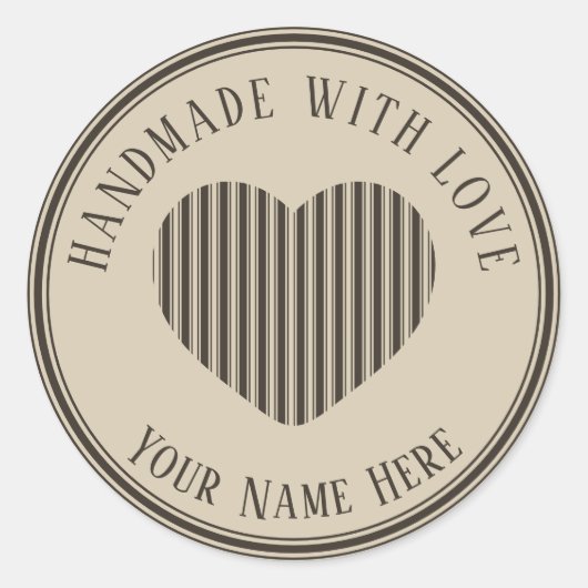 handgefertigt mit Liebe-schwarz-Creme-Streifen Runder Aufkleber (Vorderseite)