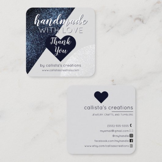 Handgefertigt mit Liebe Schwarz-Grau Glitzer Herz Quadratische Visitenkarte (Vorne/Hinten)