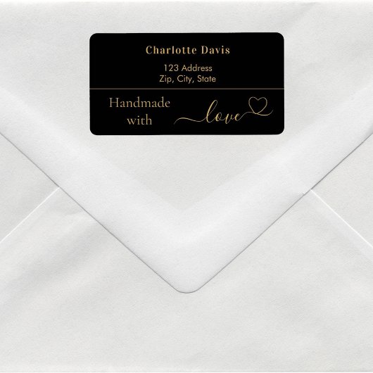 Handgefertigt mit Liebe, schwarzer Goldname Rückse Adressaufkleber