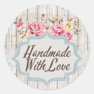 Handgefertigt mit Liebe Shabby Chic Floral Rustika Runder Aufkleber