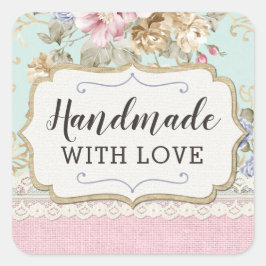 Handgefertigt mit Liebe Shabby Chic Rosa Blüte Vin Quadratischer Aufkleber