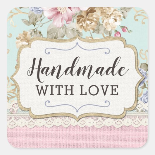 Handgefertigt mit Liebe Shabby Chic Rosa Blüte Vin Quadratischer Aufkleber (Vorderseite)