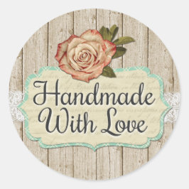 Handgefertigt mit Liebe Shabby Chic Rose und Holz Runder Aufkleber