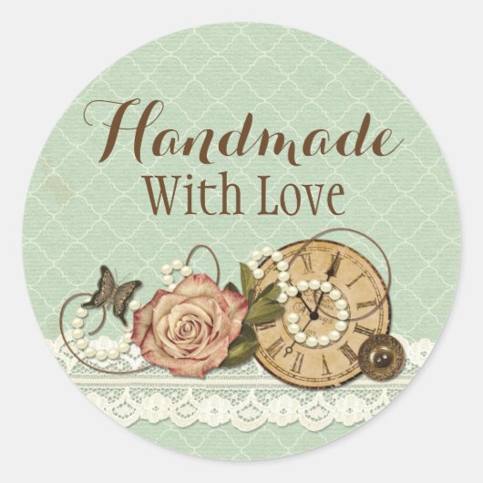 Handgefertigt mit Liebe Shabby Chic Rustikale Schm Runder Aufkleber (Vorderseite)