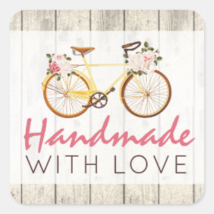 Handgefertigt mit Liebe Shabby Chic Vintages Fahrr Quadratischer Aufkleber
