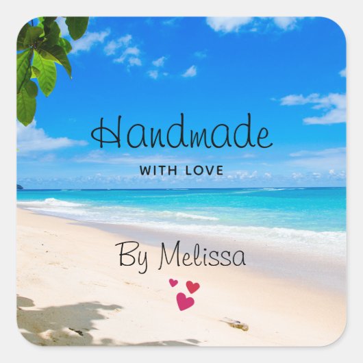 Handgefertigt mit Liebe Sun Sand und Surffotografi Quadratischer Aufkleber (Vorderseite)