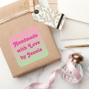 Handgefertigt mit Liebe von Ihrem Namen Pink & Gre Quadratischer Aufkleber