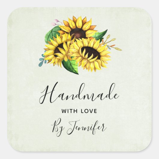 Handgefertigt mit Liebe Yellow Sunflower Bouquet Quadratischer Aufkleber (Vorderseite)