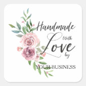 Handgefertigt mit Liebe Zitat aus rosa Blumenreath Quadratischer Aufkleber (Vorderseite)