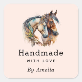 Handgefertigt mit Liebe Zwei Schöne Pferde Western Quadratischer Aufkleber