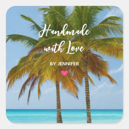 Handgefertigt mit Palmen-Liebe an einem tropischen Quadratischer Aufkleber