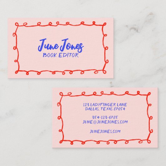 Handgefertigte Loops Doodle Whimsical Inky Red Blu Visitenkarte (Vorne/Hinten)
