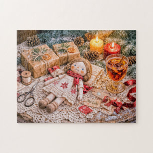 Handgefertigte Stoffpuppe mit Weihnachtsgeschenken Puzzle