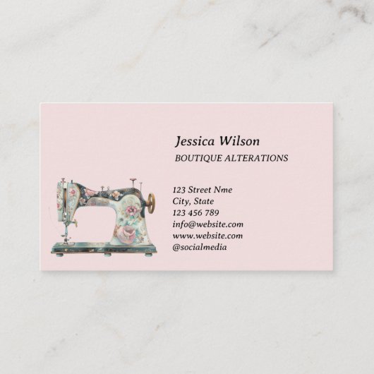 Handgefertigte Vintage Feminine Nähmaschine Visitenkarte (Rückseite)