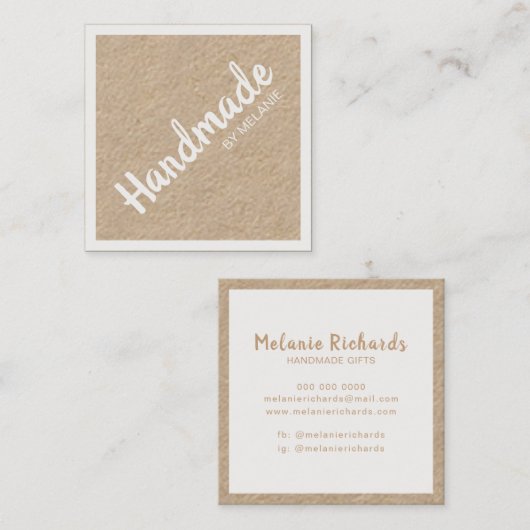 Handgefertigte, weiße Skripte, braune rustische Kr Quadratische Visitenkarte (Vorne/Hinten)