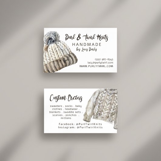 Handgefertigte Winterhut und Pullover Visitenkarte