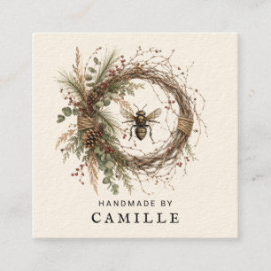 Handgefertigtes botanisches Kranz-Logo Creme Quadratische Visitenkarte