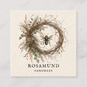 Handgefertigtes botanisches Kranz-Logo Creme Quadratische Visitenkarte