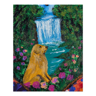 Handgefertigtes Kunstwerk – Hund am Wasserfall Poster