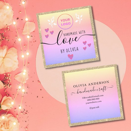 Handgemachte Liebe Typografie Gold Glitzer Rosa Lo Quadratische Visitenkarte