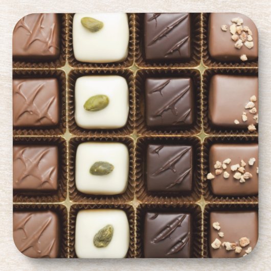 Handgemachte Luxusschokolade in einem Kasten Getränkeuntersetzer (Vorderseite)