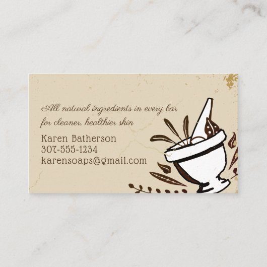 Handgemachte Seifen-Visitenkarte der Mörserstampfe Visitenkarte (Rückseite)