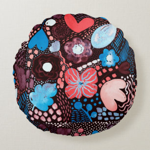 Handgemälde Abstrakte Wasserfarbenkizze Doodle Fl Rundes Kissen