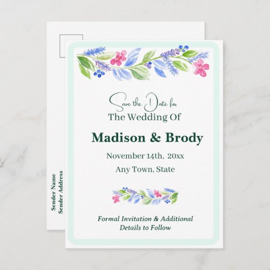 Handgemalt Aquarellfarbenes, florales Save the Dat Ankündigungspostkarte (Vorne/Hinten)