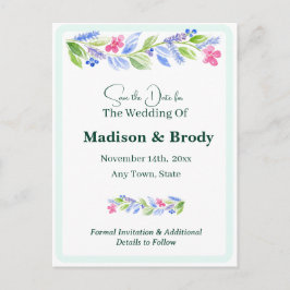 Handgemalt Aquarellfarbenes, florales Save the Dat Ankündigungspostkarte