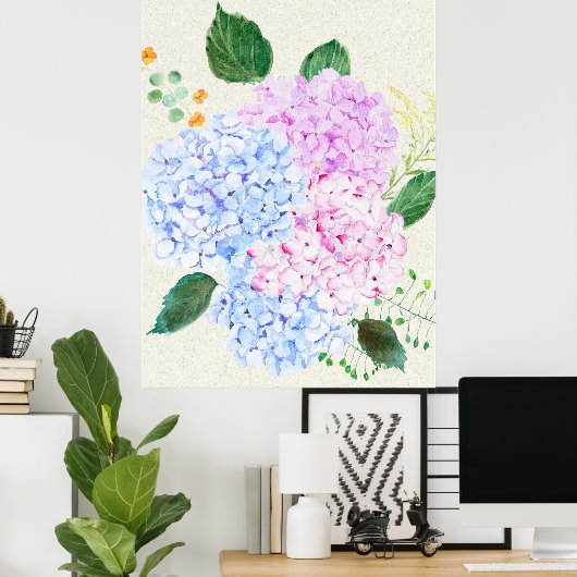 Handgemalt blau und rosa Hydrangea Poster (Heimbüro)