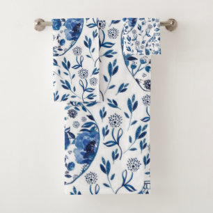 Handgemalt Blau & Weiß Chinoiserie Blumenstil Badhandtuch Set