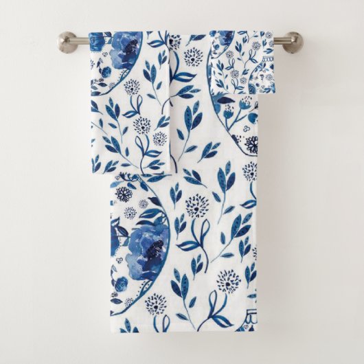 Handgemalt Blau & Weiß Chinoiserie Blumenstil Badhandtuch Set (Insitu)