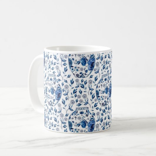 Handgemalt Blau & Weiß Chinoiserie Blumenstil Kaffeetasse (Vorderseite Links)