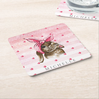 Handgemalt Bunny Glitzer Personalisiert Rechteckiger Pappuntersetzer