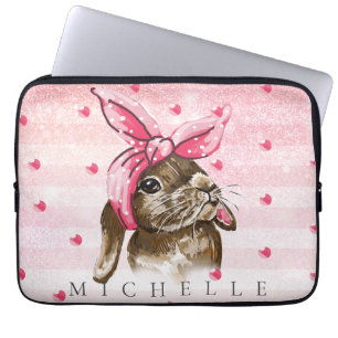 Handgemalt Bunny mit rosa Bogen Personalisiert Laptopschutzhülle