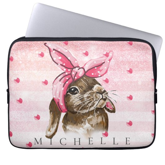 Handgemalt Bunny mit rosa Bogen Personalisiert Laptopschutzhülle (Vorderseite)