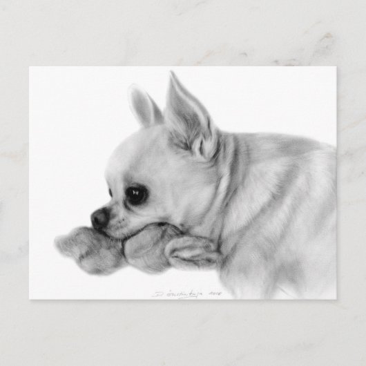 Handgemalt Chihuahua Bela mit Lieblingsspielzeug Postkarte (Vorderseite)