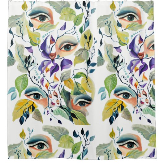 Handgemalt Elegant Feminine Eyes Farbige Blätter Duschvorhang (Vorderseite)