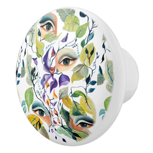 Handgemalt Elegant Feminine Eyes Farbige Blätter Keramikknauf (Rechts)