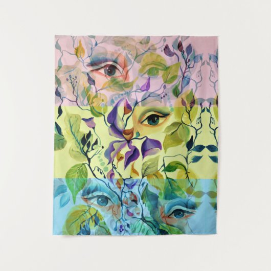 Handgemalt Elegant Feminine Eyes Farbige Blätter Wandteppich (Vorderseite)
