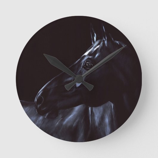 Handgemalt, elegantes schwarzes Pferd Runde Wanduhr (Vorderseite)