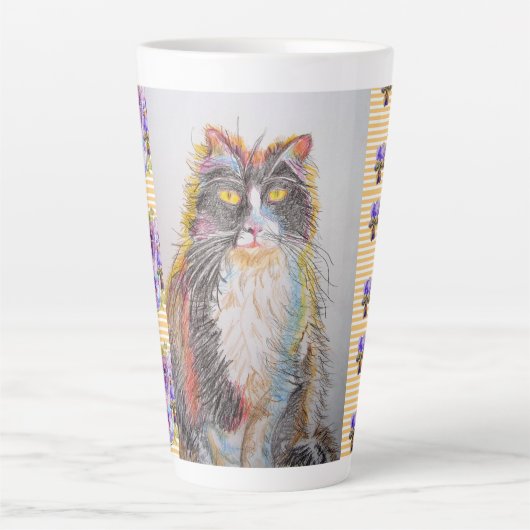 Handgemalt Gelb Tuxedo Katzenblüte Latte Tasse (Vorderseite)
