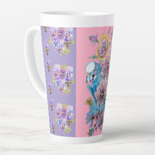 Handgemalt Lila Blue Budgie Blumenblume Latte Tass Milchtasse