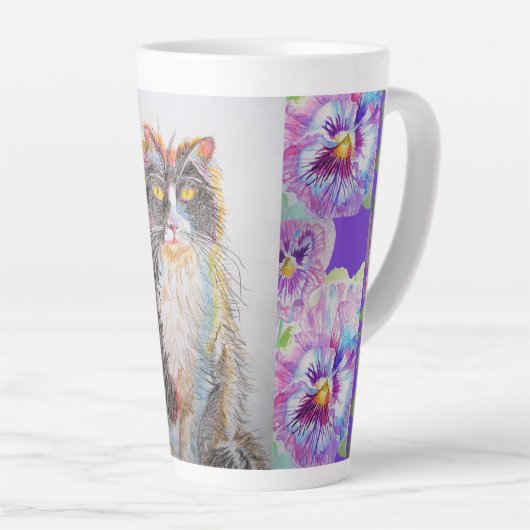 Handgemalt Lila Tuxedo Katzenblüte Latte Tasse (Rechte Ecke)
