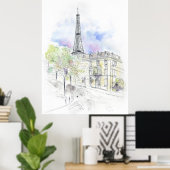 Handgemalt Paris Eiffel Tower Straßenecke Tinte Poster (Heimbüro)