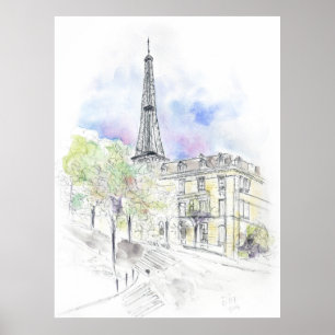 Handgemalt Paris Eiffel Tower Straßenecke Tinte Poster