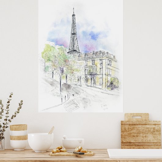 Handgemalt Paris Eiffel Tower Straßenecke Tinte Poster (Küche)