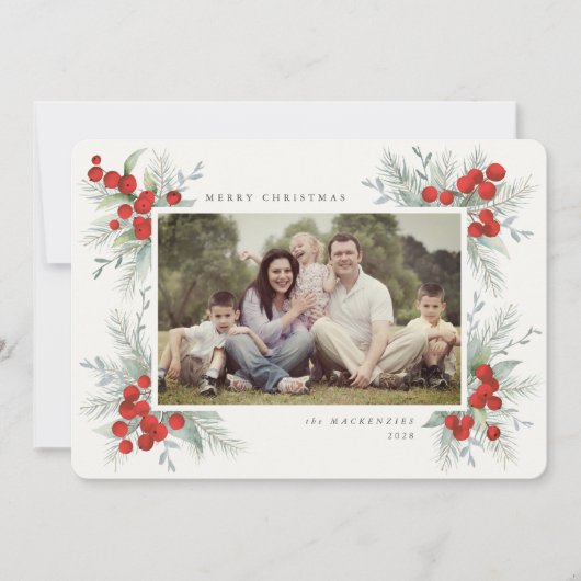 Handgemalt Red Berries Weihnachtsfeiertag Foto Einladung (Vorderseite)
