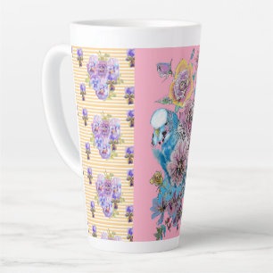 Handgemalt Rosa Blauer Budgie Blumenmaus Latte Tas Milchtasse