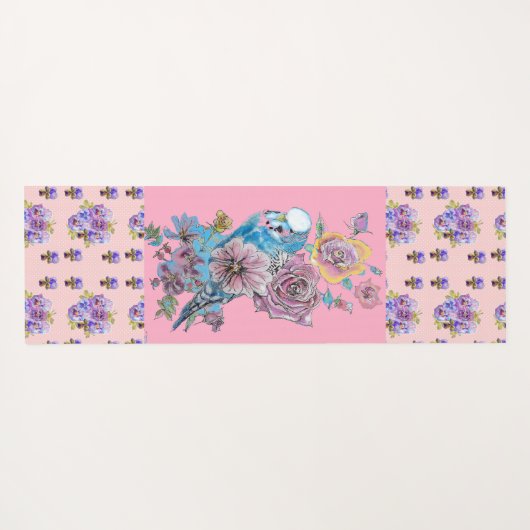 Handgemalt Rosa Blauer Budgie Blumenmeer Yoga Mat Yogamatte (Rückseite (Horizontal))